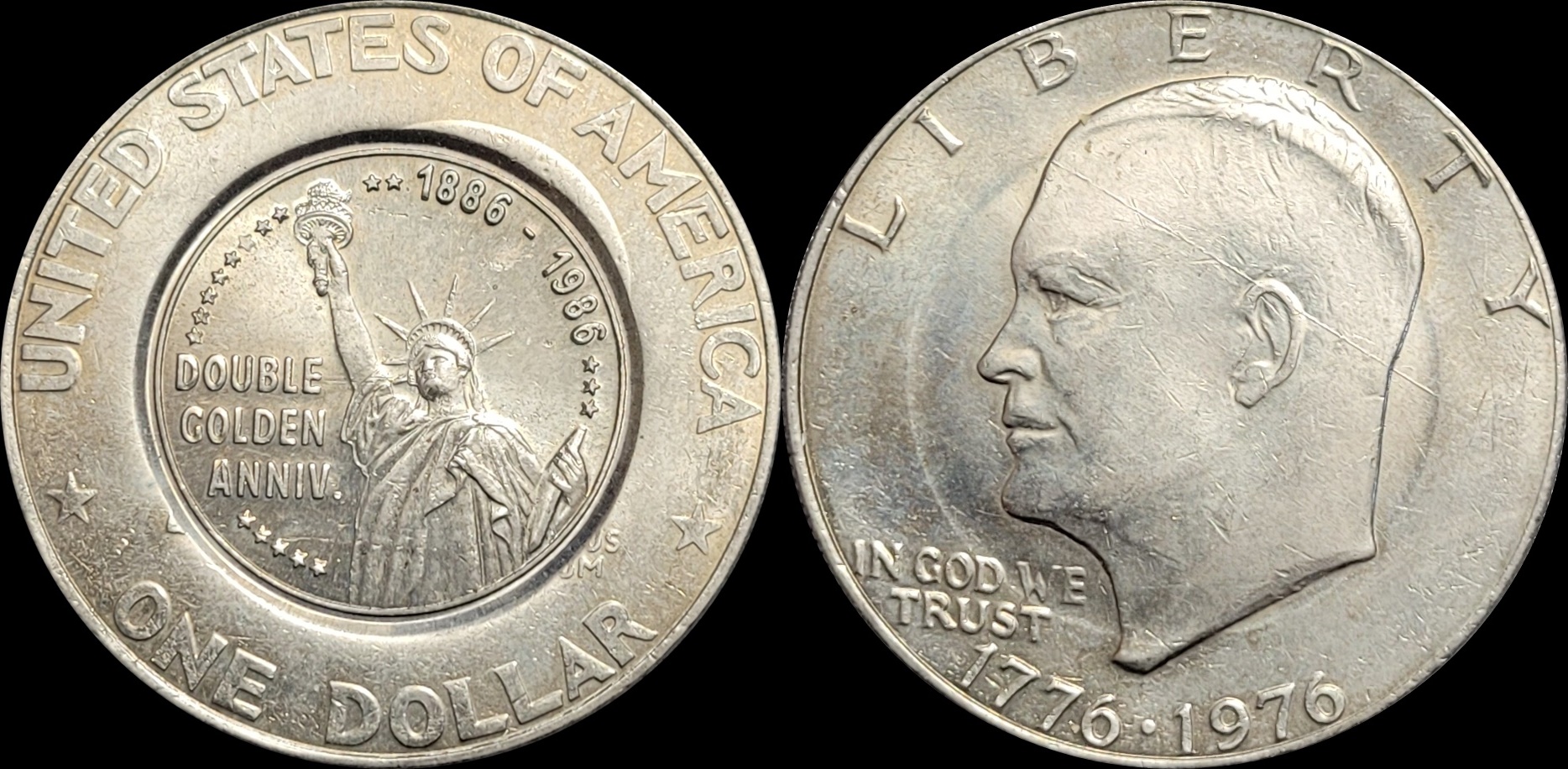 1986 Statue Of Liberty Counterstamp on 1976 Ike US Bicentennial Dollar Clad 1-horz.jpg