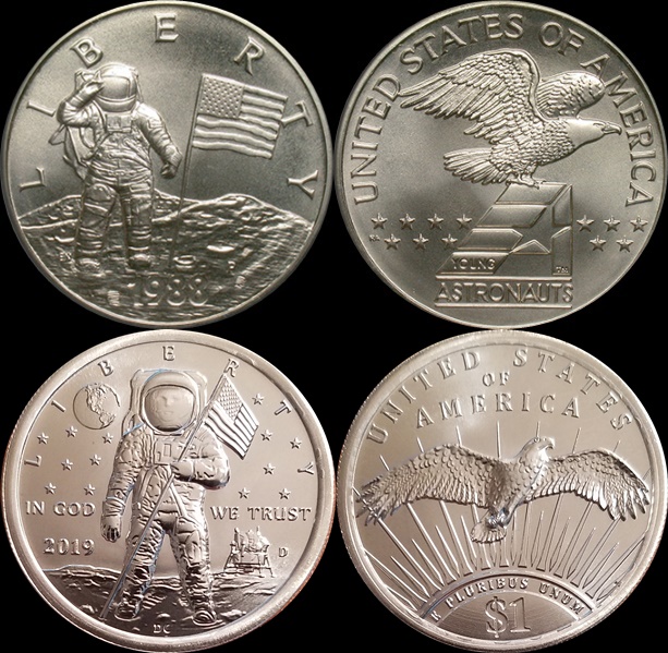 1988 Young Astronauts America in Space silver and dan carrs 2019 astronauts coin.jpg