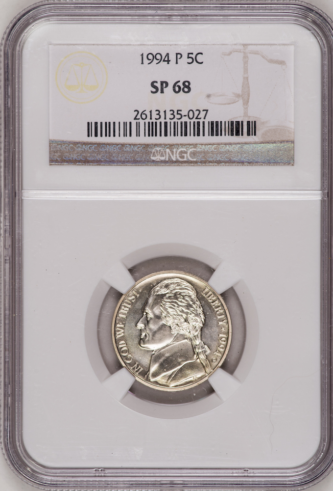 1994 P Matte Proof Jefferson Nickel NGC SP68 2 Slab - Obverse.jpg