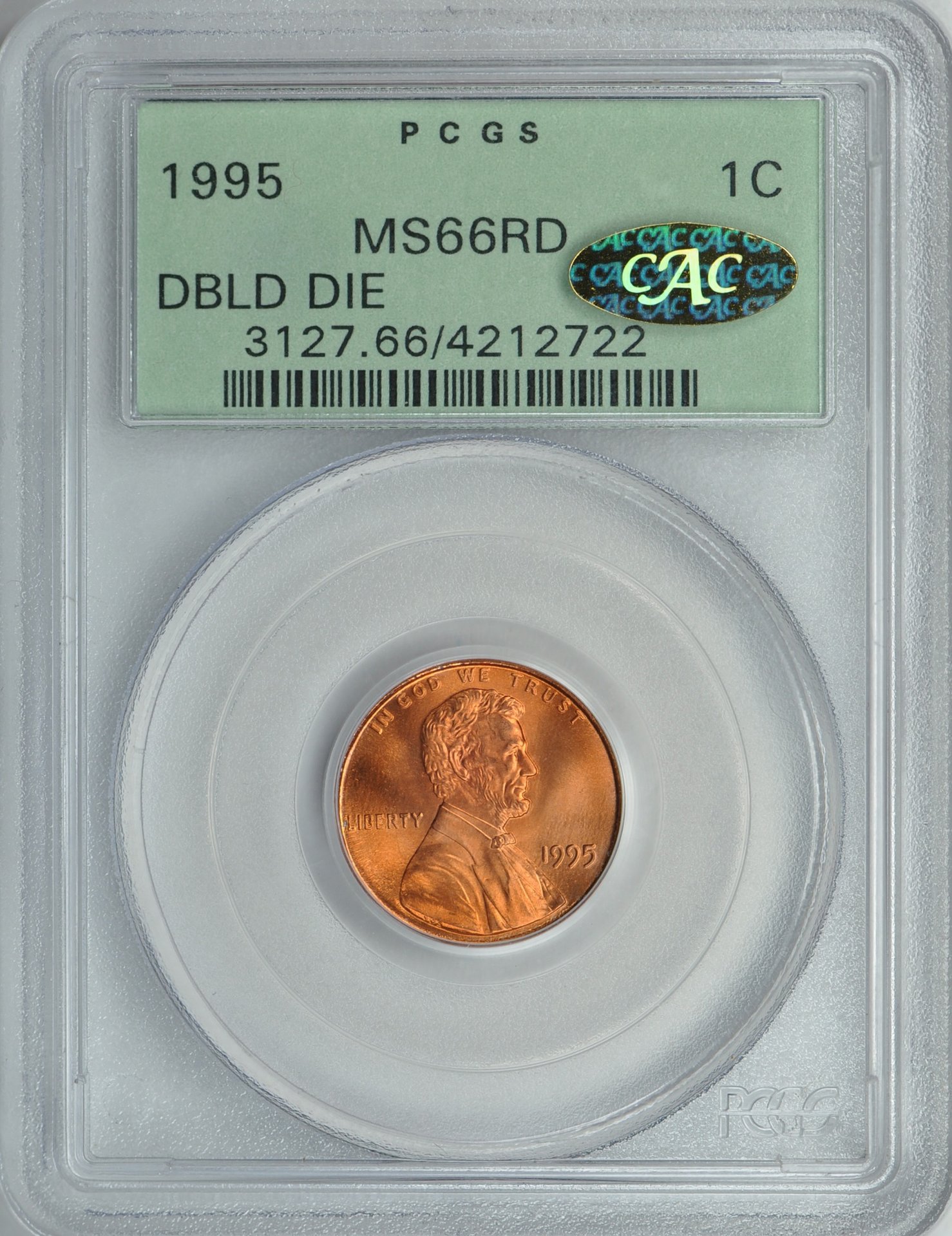 1995 1C CENT - LINCOLN, MEMORIAL REVERSE DDO PCGS MS66RED 4212722 CAC gold Obv Slab.jpg