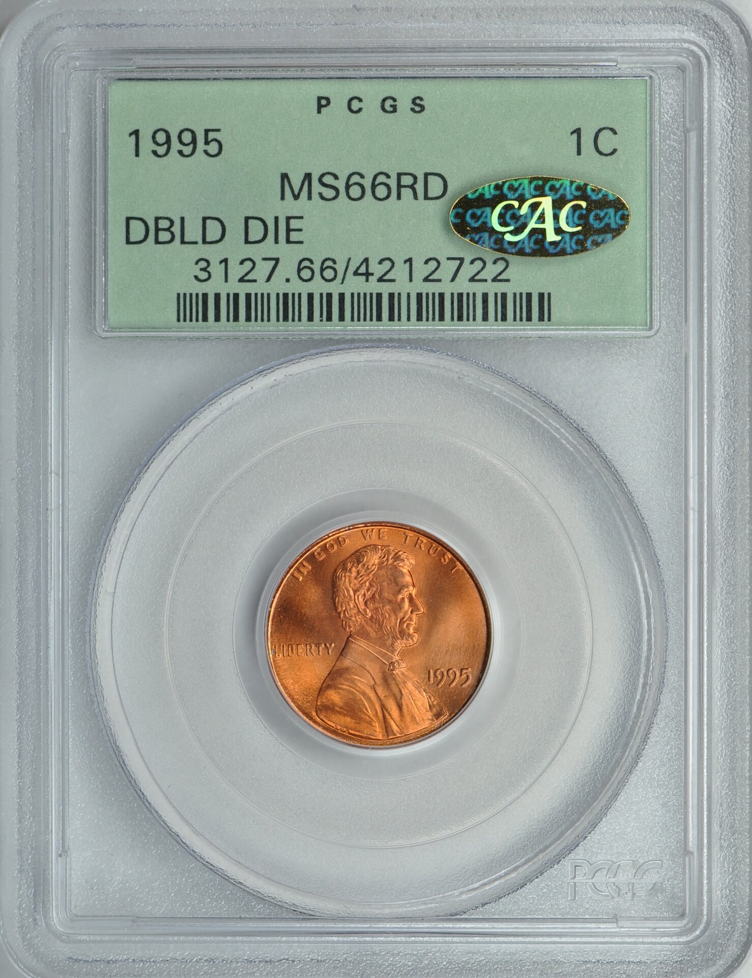 1995 1C CENT - LINCOLN, MEMORIAL REVERSE DDO PCGS MS66RED 4212722 CAC gold Obv Slab.jpg