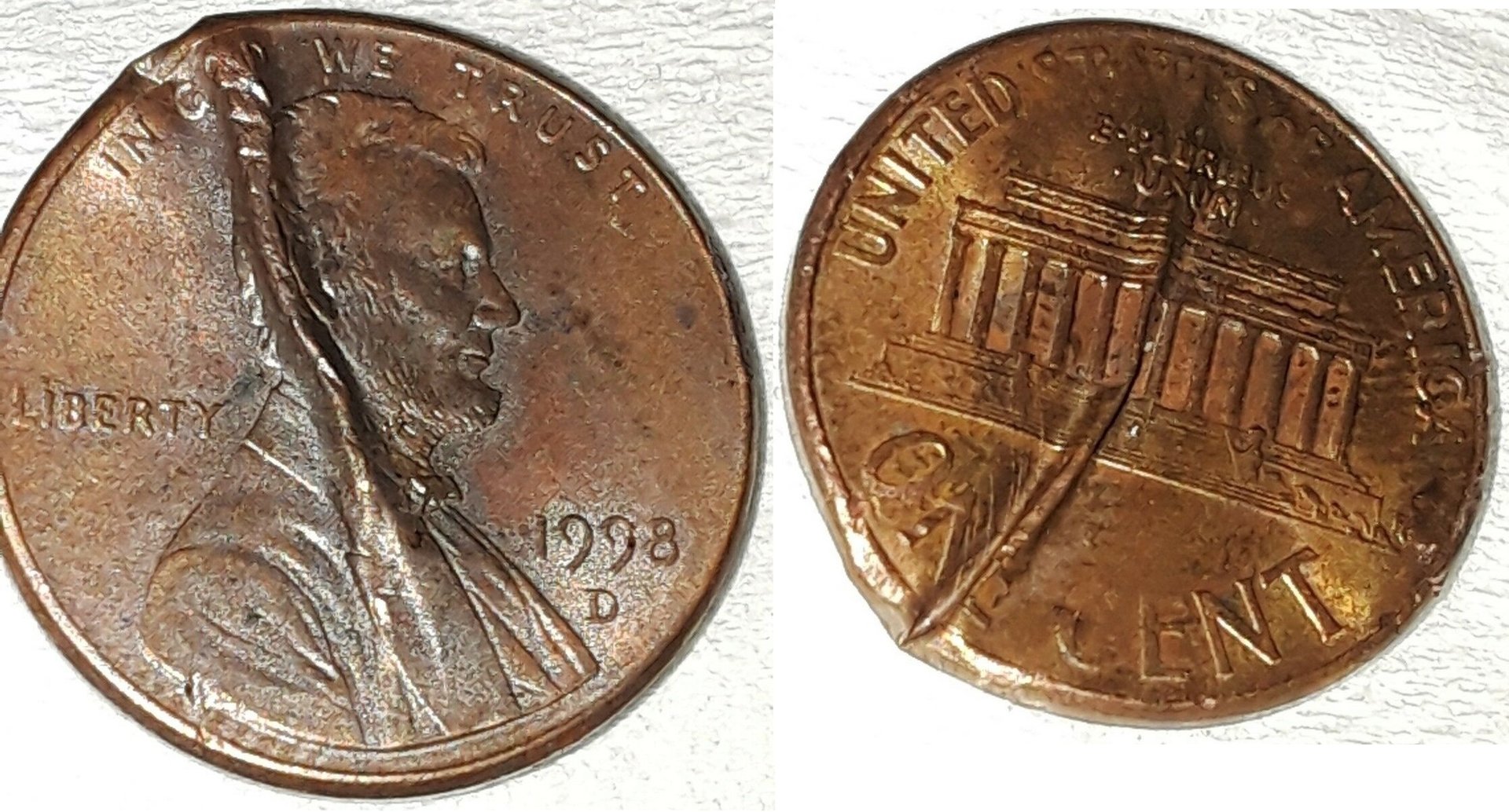 1998 D Penny Error-Damage Cent Defective Coin  $9.50 + $2.84  254213809702  coincidence4you a.jpg