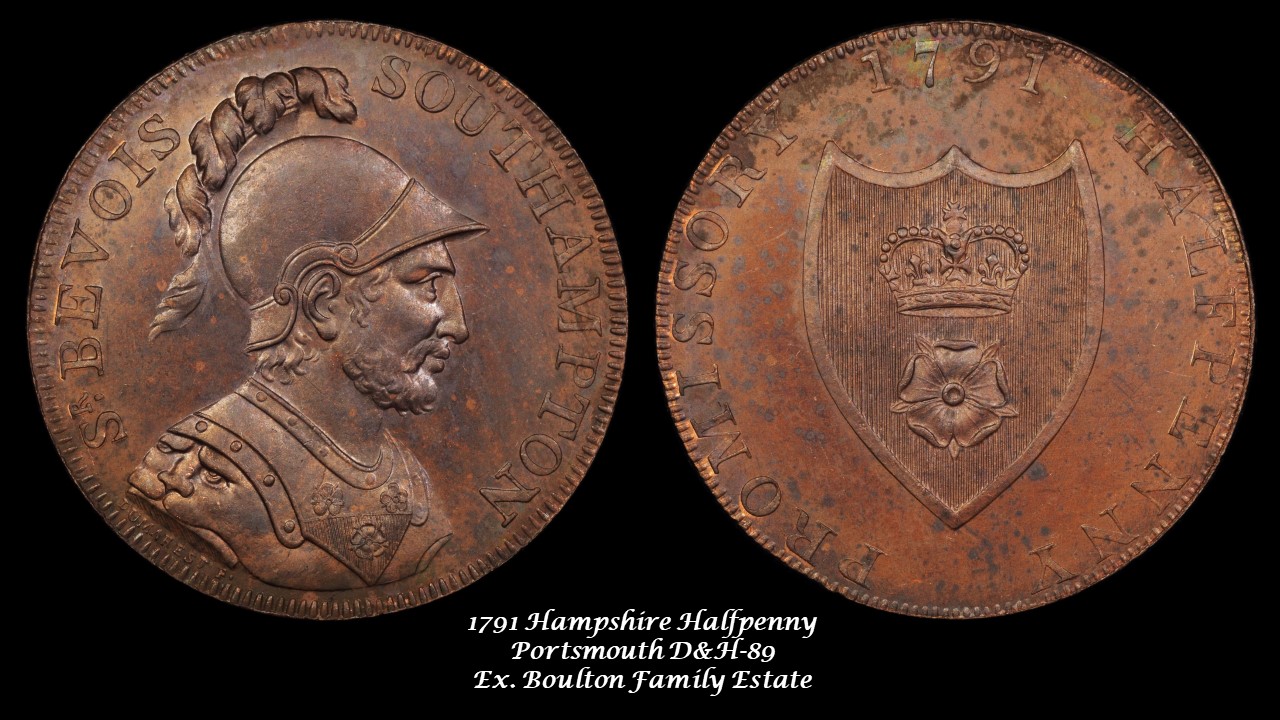 2. 1791 Hampshire Portsmouth D&H-89 Proof Halfpenny Ex. Boulton MGC MS-63 Bn.jpg