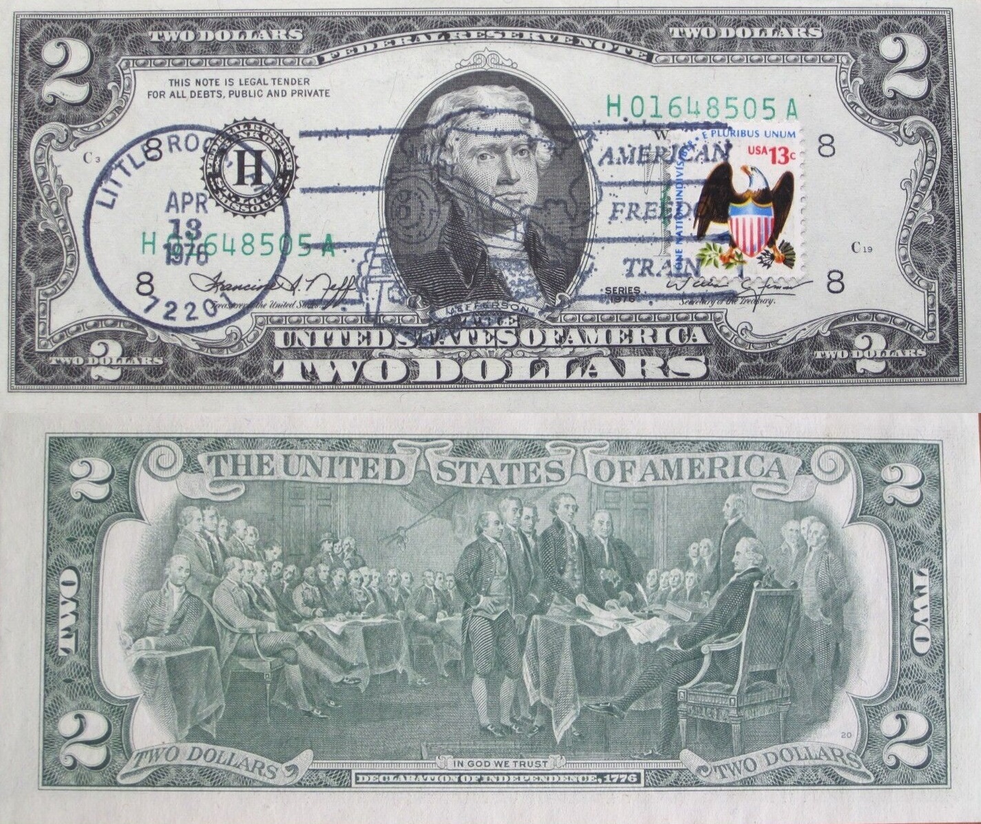$2 Two dollar bill 1976 postmark 13 cent Eagle stamp & American Freedom Train logo 1-vert.jpg