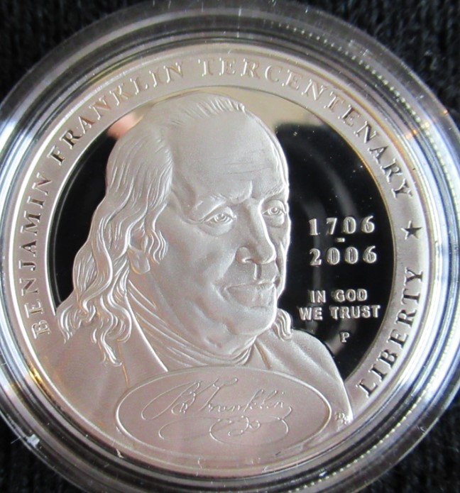 2006 Benjamin Franklin Commemorative Proof Silver Dollar ObverseSM.JPG