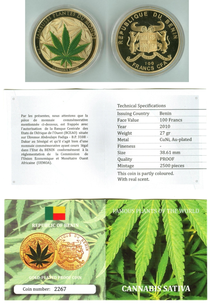 2010 Au Cannibus Sativa Republique De Benin 100 Francs Coin wCOAD.jpg