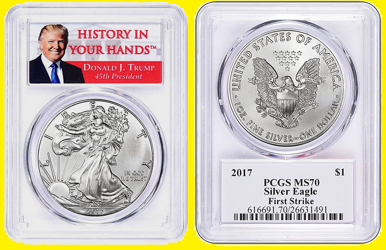 2017 Silver American Eagle Dollar PCGS Ms-70 Coin First Strike Trump Label ASE.jpg
