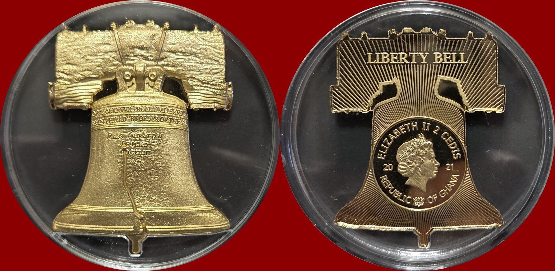 2021 Ghana 2 Cedis 34-gm CuNi Liberty Bell Shaped Coin w Gold Plating BU.jpg