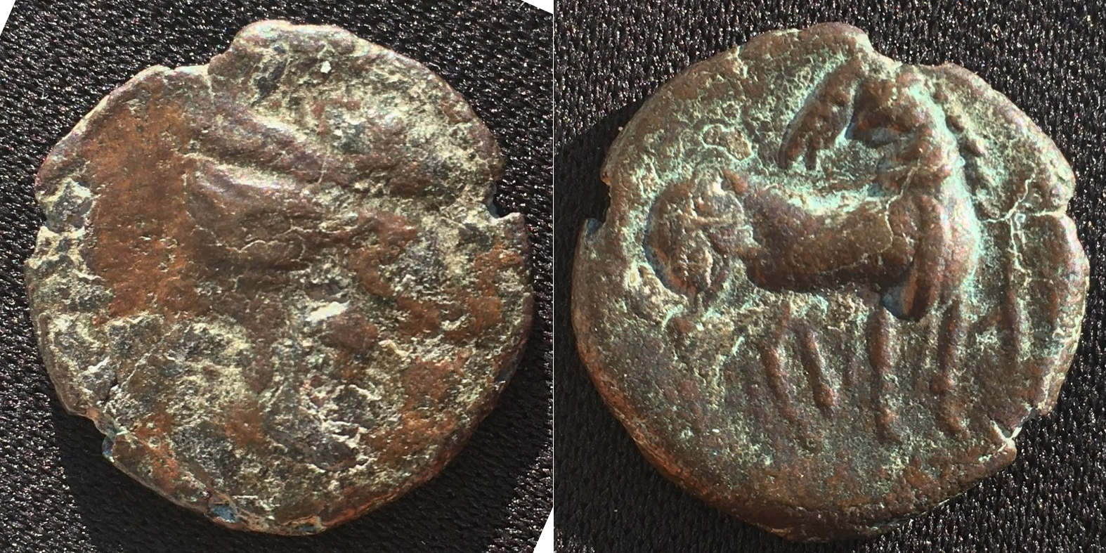 220-210 BCE (Circa) AE Shekel 'Tanit left' 'Horse right, head left, staff in background'.jpg