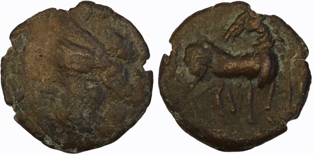 220-210 BCE (Circa) AE Shekel 'Tanit left' 'Horse right, head left, staff in background'.png
