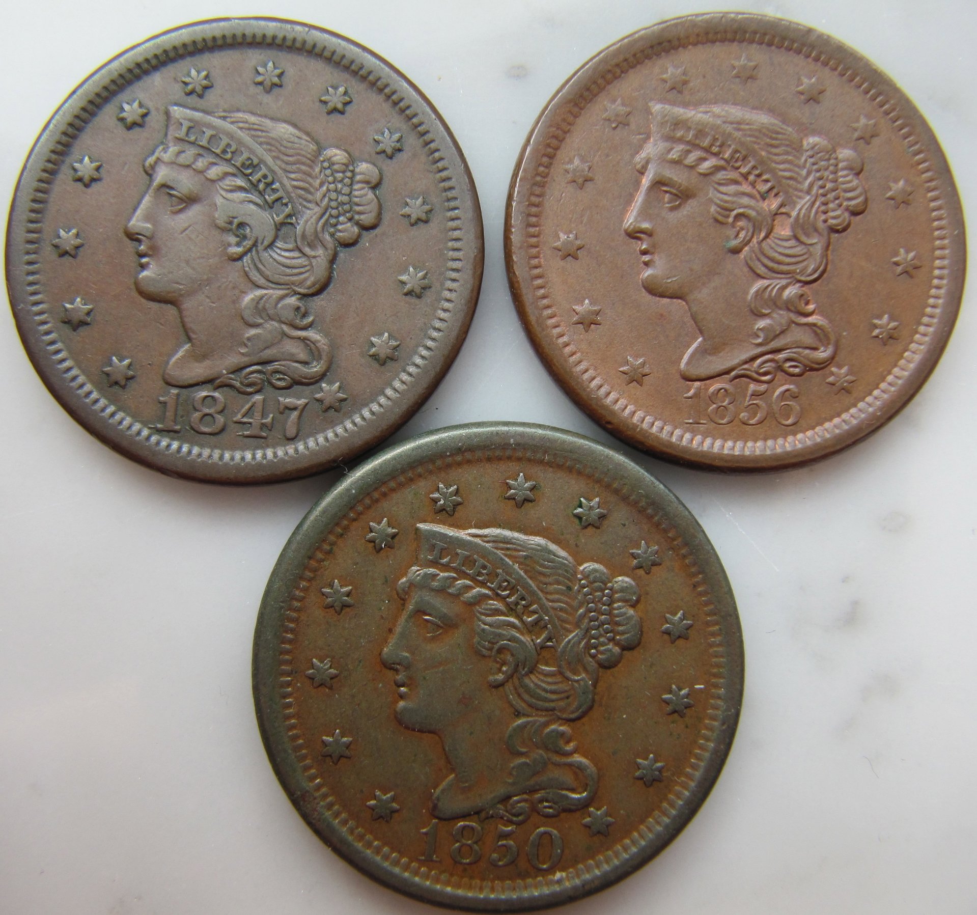 3 US Cents- 1847, 1850, 1856 - OBV  - 1.jpg