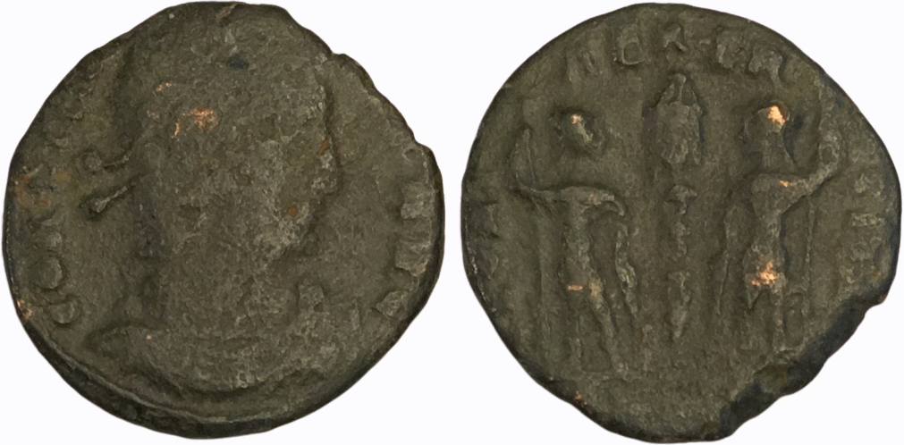 306-337 CE AE Follis Constantine I 'GLORIA EXERCITVS, one standard' 1.44g S1 Combined.png