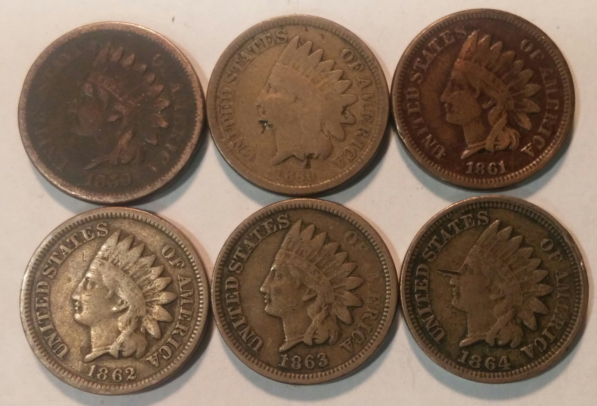 1859-1864 Complete Set Copper Nickel Indian Head Cents 6 Full Date Coins Circulated 