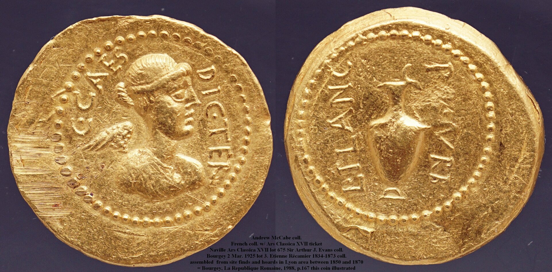 475-01b Plautia & Caesar Aureus. L.PLANC PRAEF VRB CAES DIC TER Victory, jug AM#2002-80, 7g98.jpg