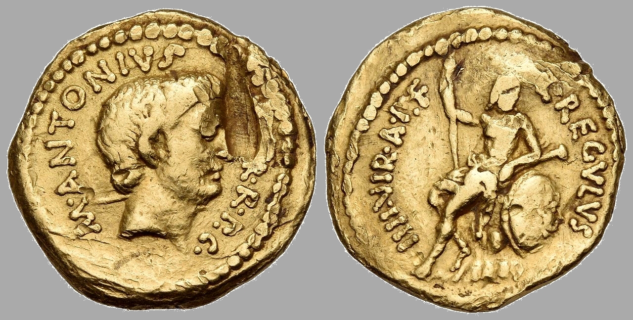 494-02 Antony Aureus. L.LIVINEIVS REGVLVS Antony, Hercules seated on rock. AM#2028-0, mm 0g00.jpg