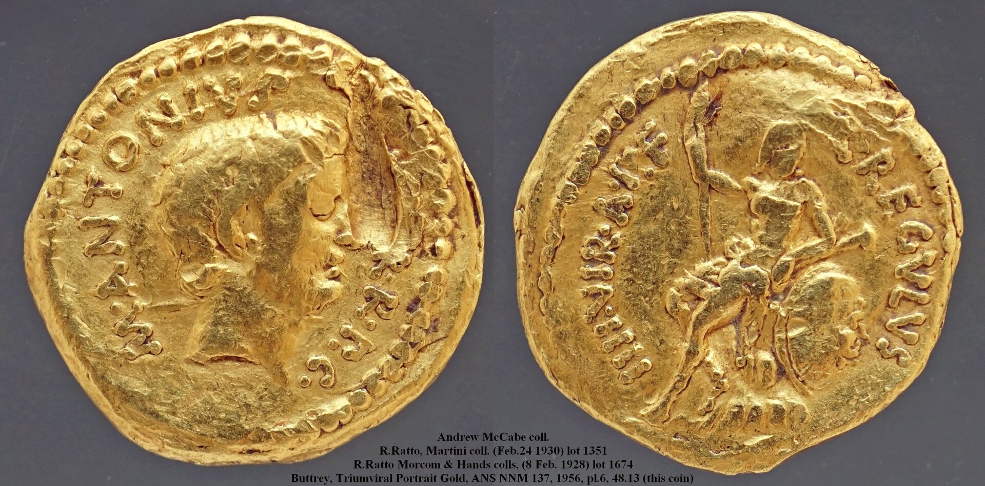 494-2 Antony Aureus. L.LIVINEIVS REGVLVS Antony, Hercules seated on rock. AM#2028-81, 8g08.jpg