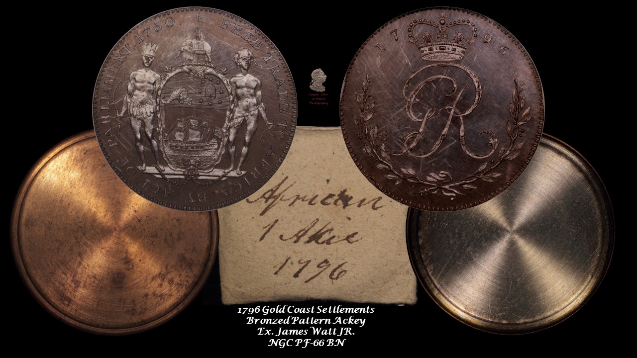 5.1 1796 African Gold Coast Bronzed Proof Ackey with shells & wrapper - ex. Watt NGC PF-66 BN.jpg