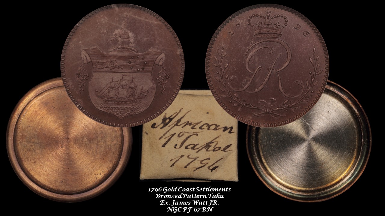 5.3 1796 African Gold Coast Bronzed Proof Tackoe with shells & wrapper Ex. Wattt NGC PF-67 BN.jpg