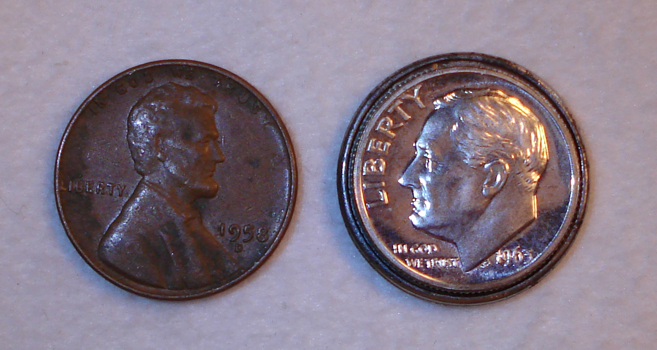 5 Specimen 1958-D with Roosevelt Silver Dime Inlaid Next to Copper 1958-D Lincoln Wheat Cent.jpg