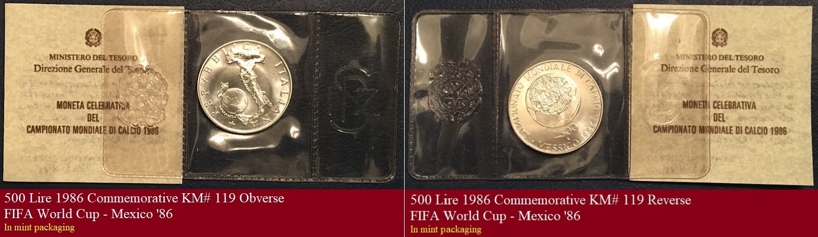 500 Lire 1986 Comm KM# 119 FIFA World Cup - Mexico '86 Mint Packaging OBV & REV.jpg