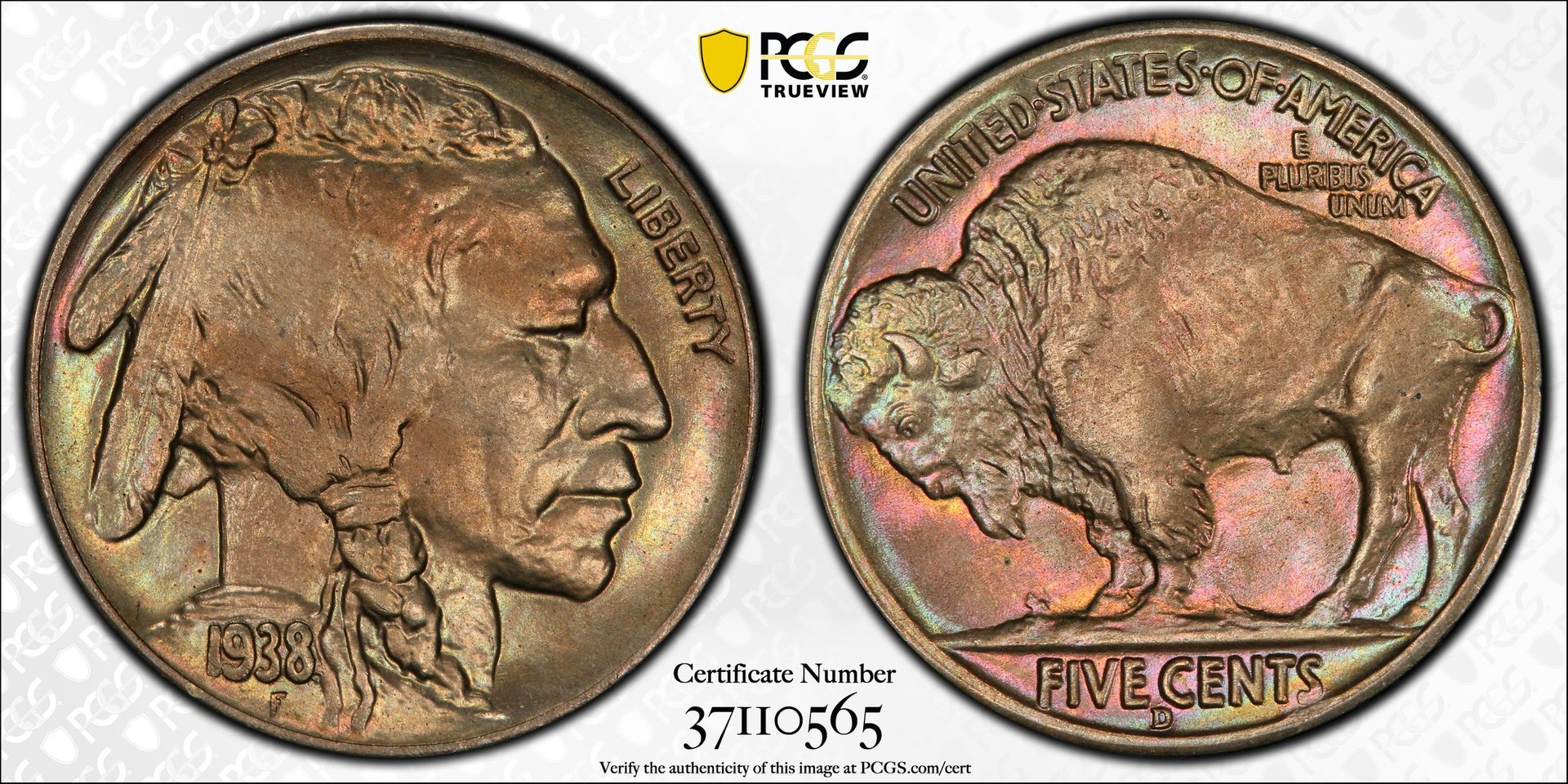 5c 1938-D Buffalo Nickel Toned MS66 PCGS 37110565 Trueview .jpg