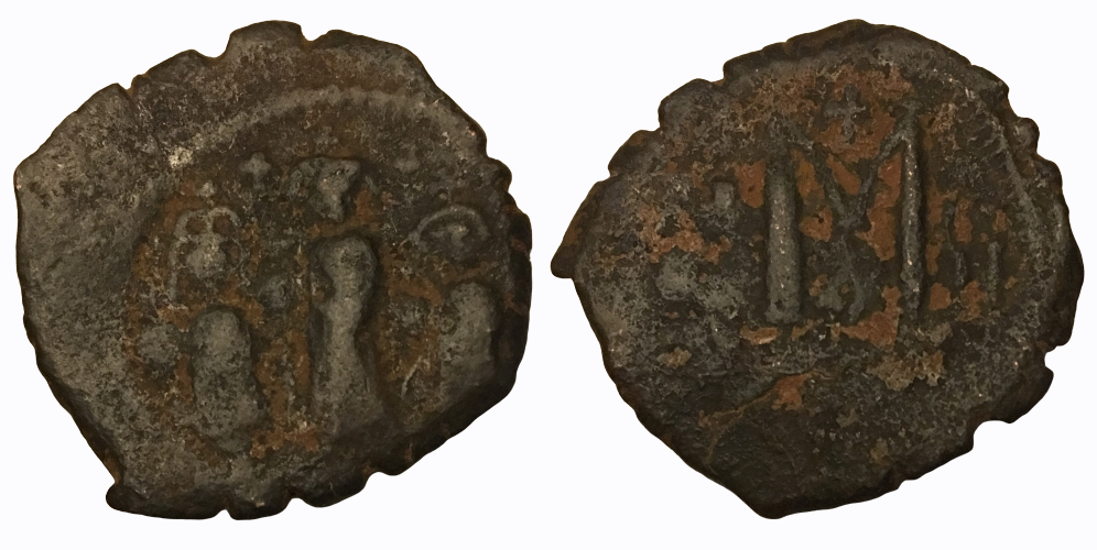 610-641 CE AE 40 Nummi Heraclius 'Three figures forward' 'Large M' 6.08g 27mm S1 Combined.png