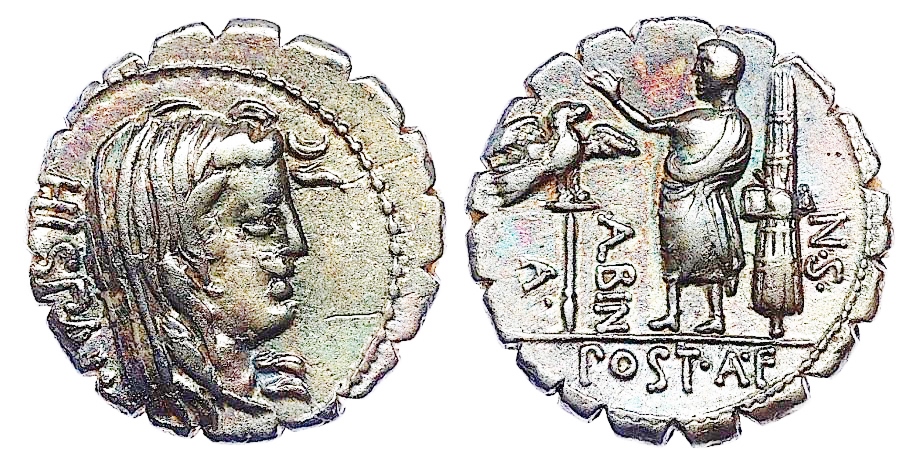 A. Postumius A.f. Sp.n. Albinus. 81 BC. AR Serrate Denarius.jpg