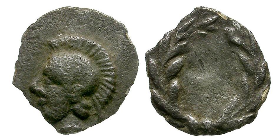 Aeolis Elaea AR Tetartemorion 460  BCE Athena L - Olive Wreath 7.8mm 0.16g SNG Cop 166.JPG
