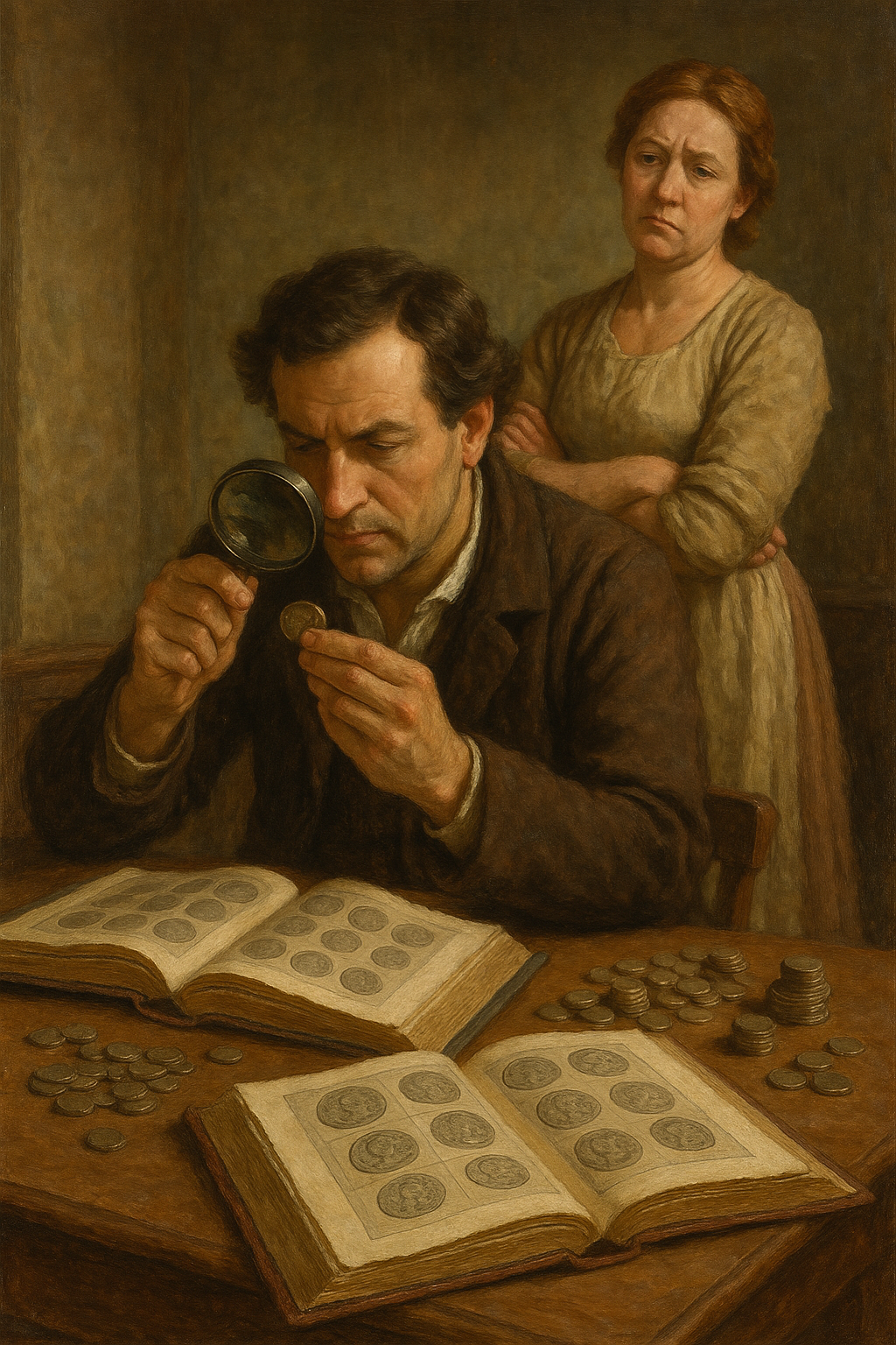 ancient coin collector styding his coins bored housewife.png