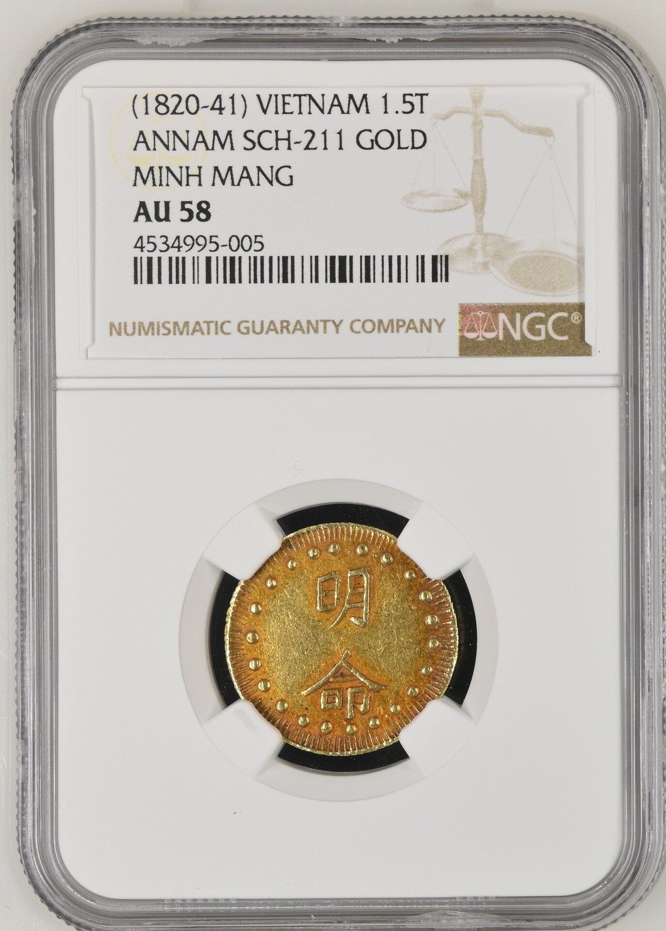 Annamese Gold 1½ Tien of Minh Mang (minted in Hue sometime between 1820 and 1841) - Obverse NGC.jpg