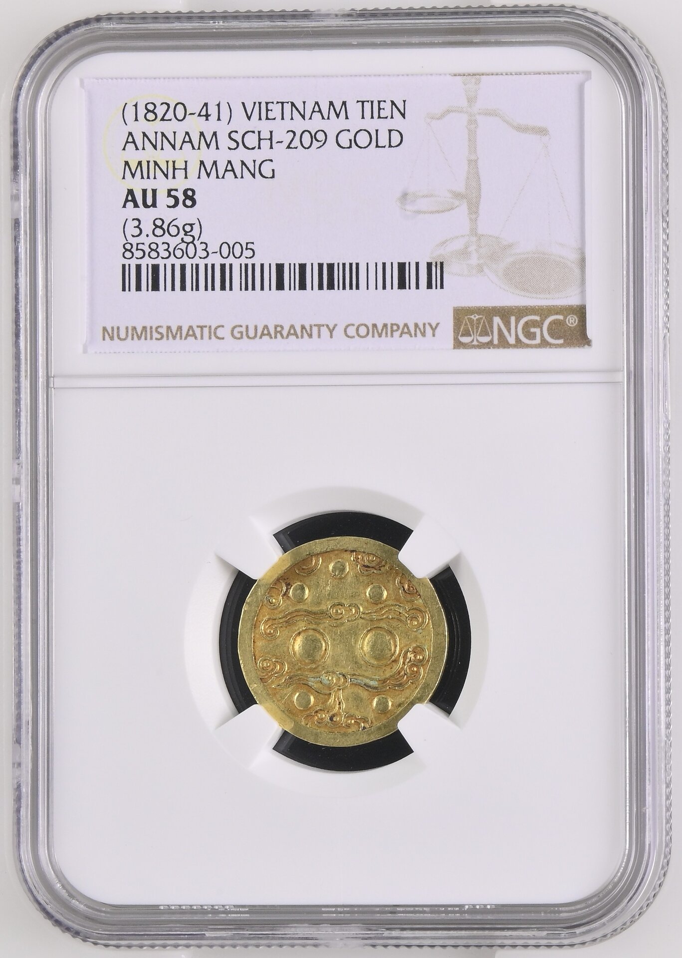 Annamese Gold Tien of Minh Mang (minted in Hue sometime between 1820 and 1841) - Obverse NGC.jpg