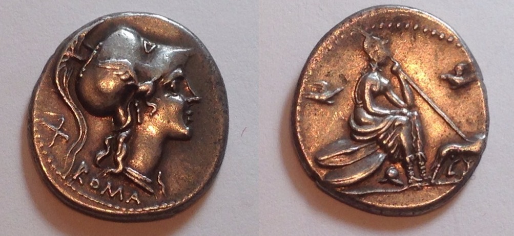 Anon 115 BC Roma X Roma seated on shields, Romulus and Remus.jpg