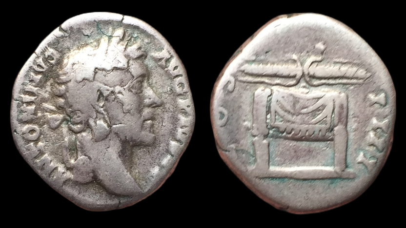 Antoninus Pius, Denarius, Thunderbolt on Altar.png