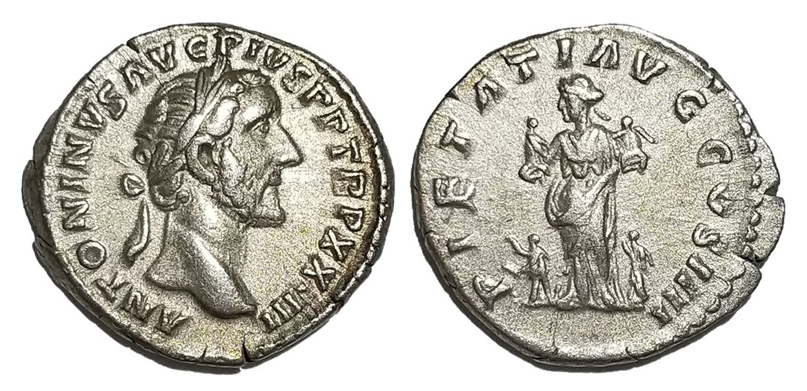 Antoninus Pius PIETATI AVG COS IIII Fecunditas denarius.jpg