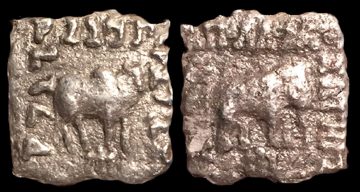 Apollodotus I (Apollodotos I) square Silver drachm, ElephantBull type 174-165 BCE.jpg