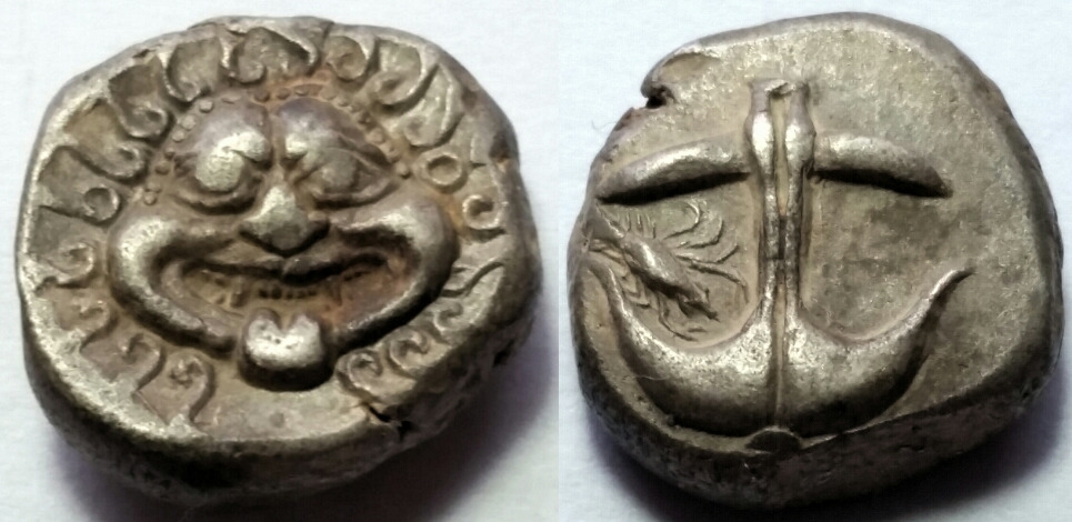 Apollonia drachm gorgon anchor crayfish.jpg
