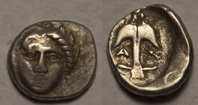 Apollonia Pontica Thrace AR Diobol 1-3g 410-323 BCE Apollo-Anchor crab A Tupalov 56.JPG