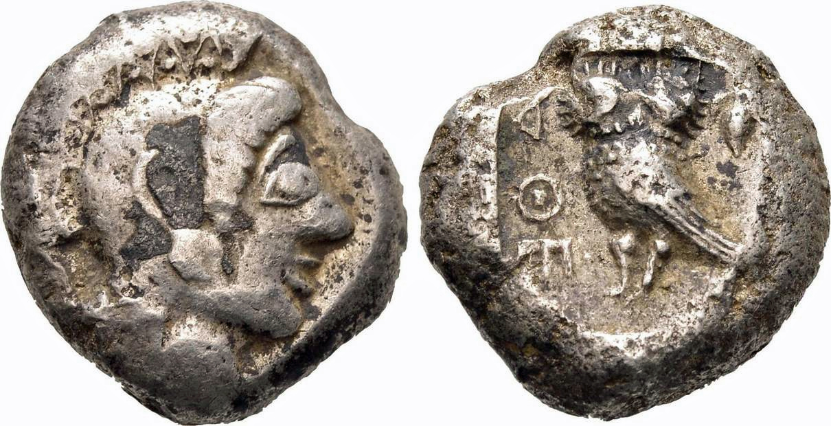 Archaic Attica Tetradrachm, inverted owl and legend.jpg