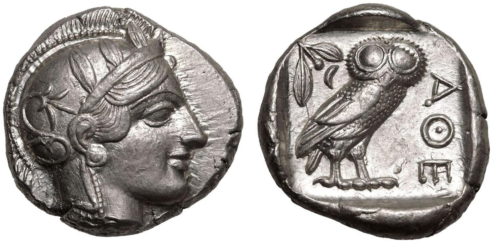 Athenian Silver Tetradrachm (minted in Athens sometime between 440 and 404 BCE).jpg