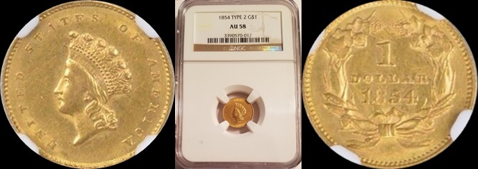 AU58 1854 Indian Princess Head Gold Dollar  Type 2 x1-horz.jpg