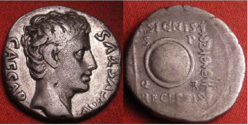 Augustus denarius - shield reverse (Colonia Patricia).jpg