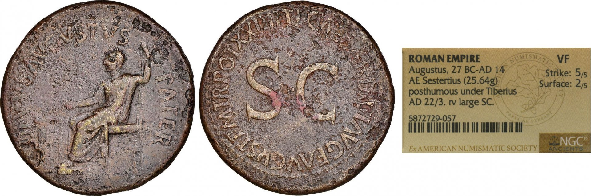 Augustus (Divus under Tiberius) AE Sestertius, ANS Bartlett NGC Tag.jpg