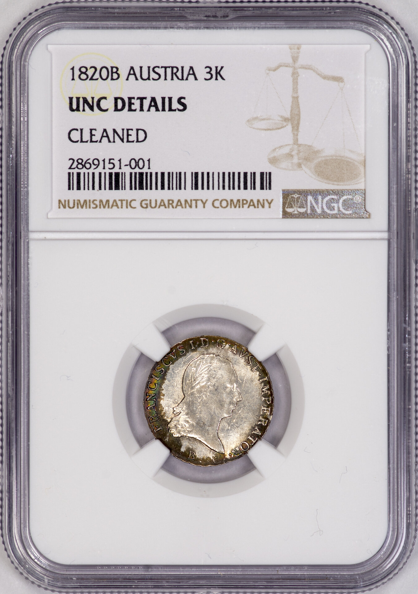 Austria - 1820 B 3 Kreuzer NGC UNC Details Slab - Obverse copy.jpg