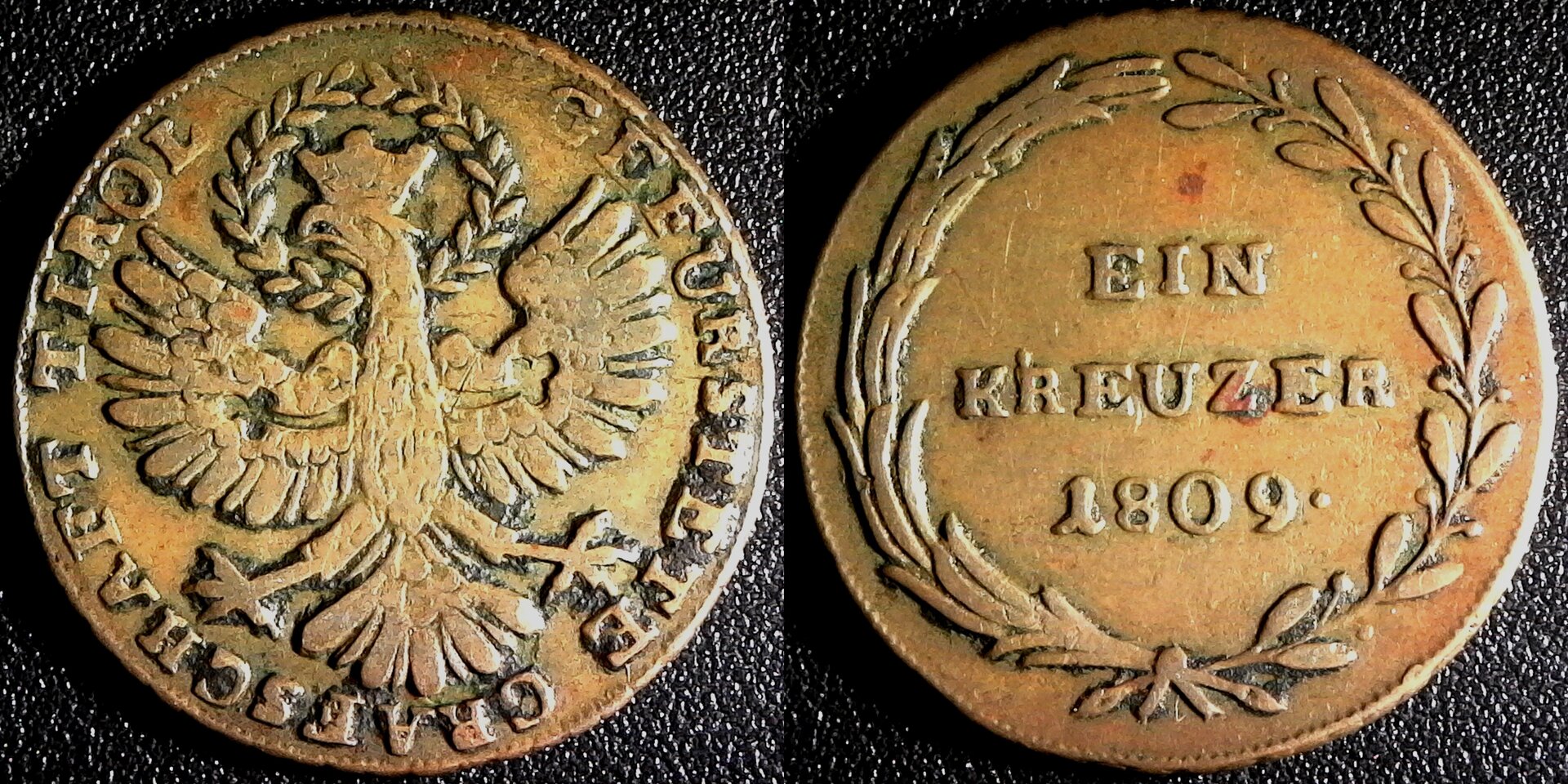 Austria Tyrol innsurrection coinage one Kreuzer 1809 obv-side.jpg
