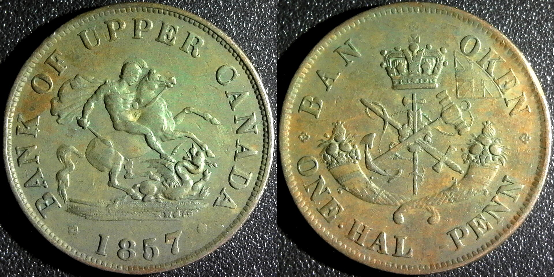 Bank of Upper Canada Half Penny Grease filled die 1857 obverse A-side.jpg