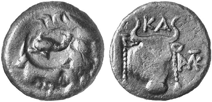 BCD Euboia 587 Karystos AE Herakles Dolphin Countermark Bull (Lanz 111).jpg