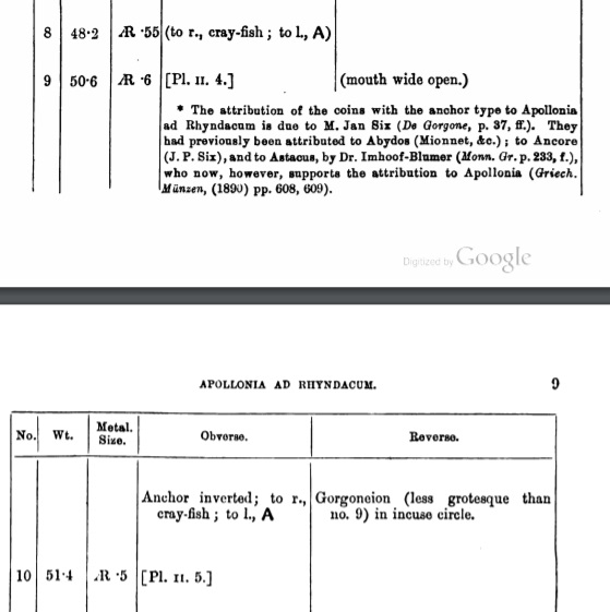 BMC 15 Mysia pp. 8-9 Nos. 8-10 (A to left, crayfish to right) (1892).jpg