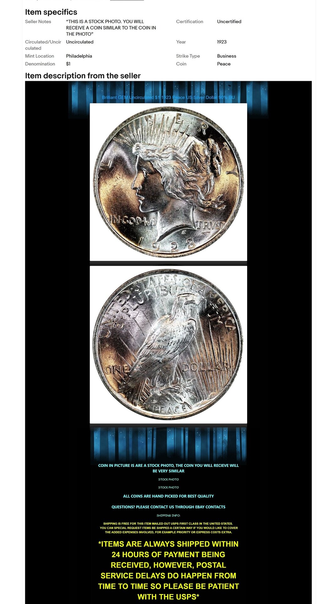 Brilliant GEM Uncirculated $1 1923 Peace US Silver Dollar 90% BU - eB_ - www.ebay.com.jpg