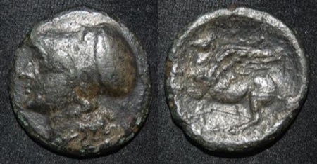 Bruttium Lokroi Eizephyrioi 300-268 BC AE 23 Athena Pegasus O-R.jpg