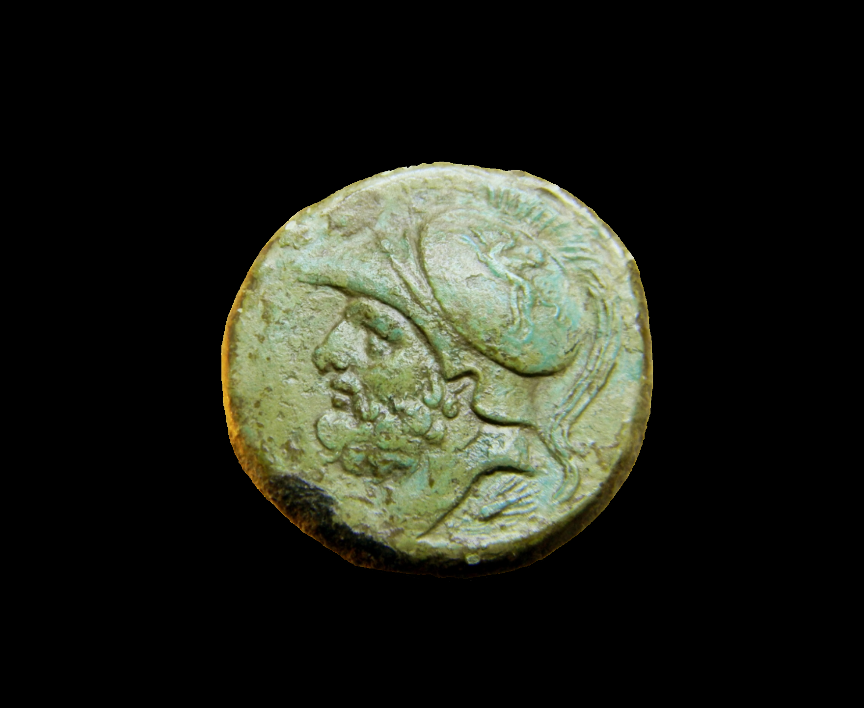 Bruttium the Brettii. Ares, Corinthian helmet with griffin, ear of grain. 214-203 BC.png